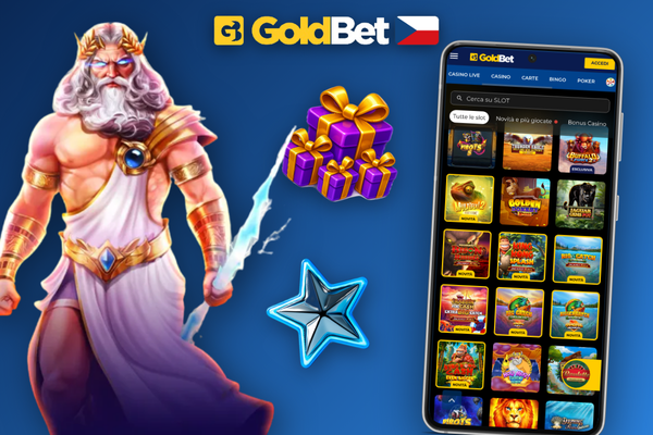 Goldbet Lion Casino aplikace zobrazující sekce slotů a živého kasina v ruce