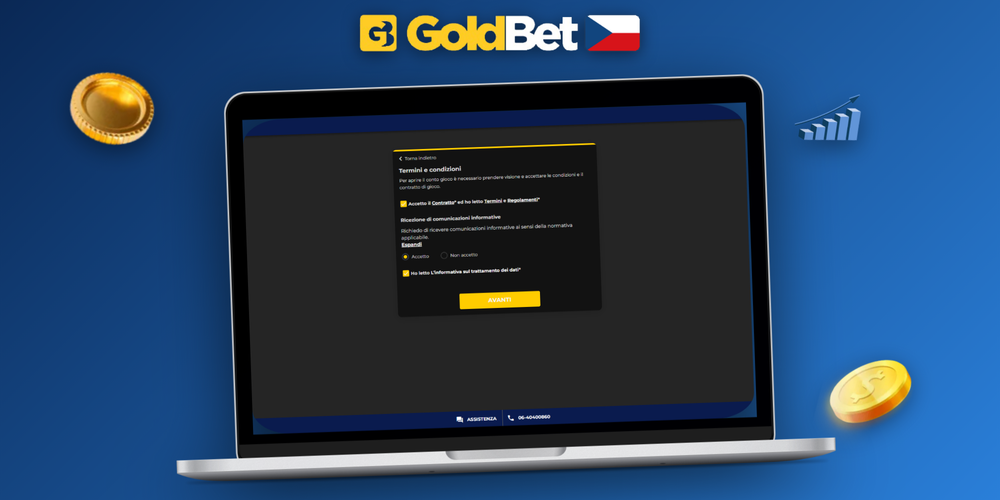 Zákaznická podpora Goldbet Casino v živém chatu vedle registračního formuláře na notebooku