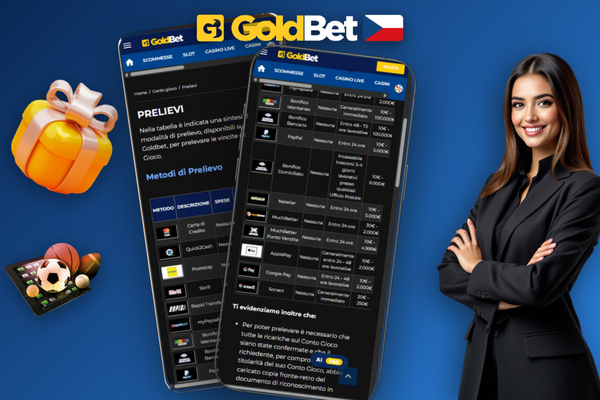 Rozhraní pokladny Goldbet Casino se záložkou výběr a výběrem platební metody