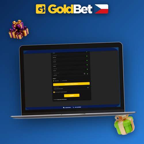 Goldbet Casino registrace – přihlašovací formulář na obrazovce notebooku ve zlatém designu